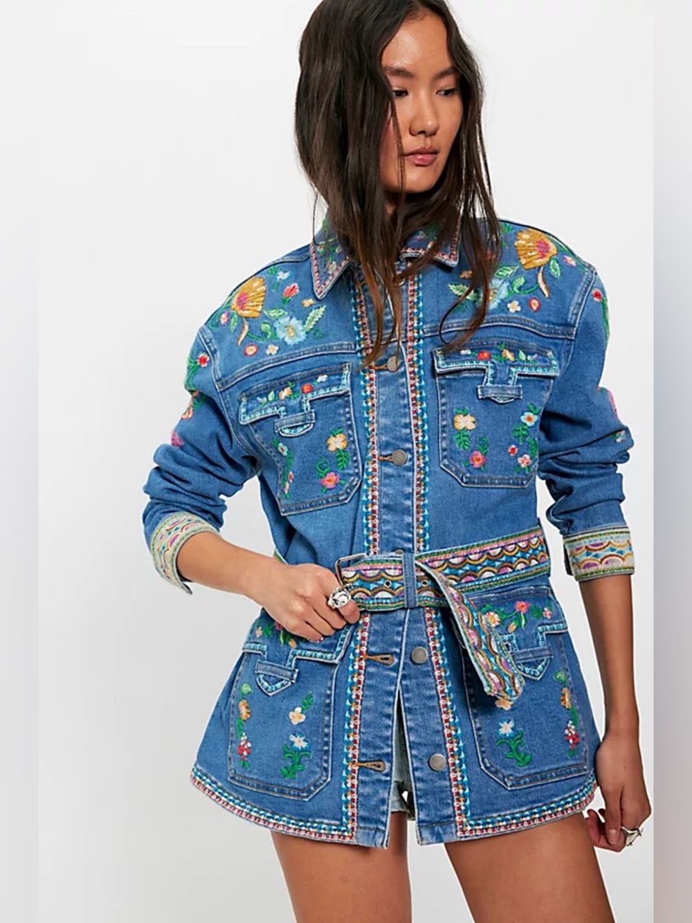 Free People Driftwood Gardenia Embroidered Denim Jacket Size S NWT